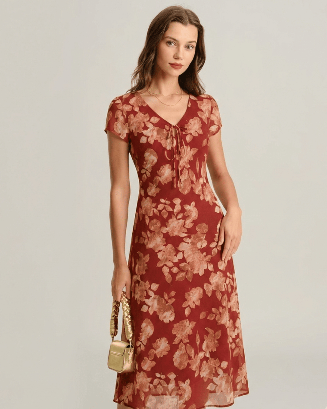 Vestido-túnica maxi floral com decote em V, cor carmesim