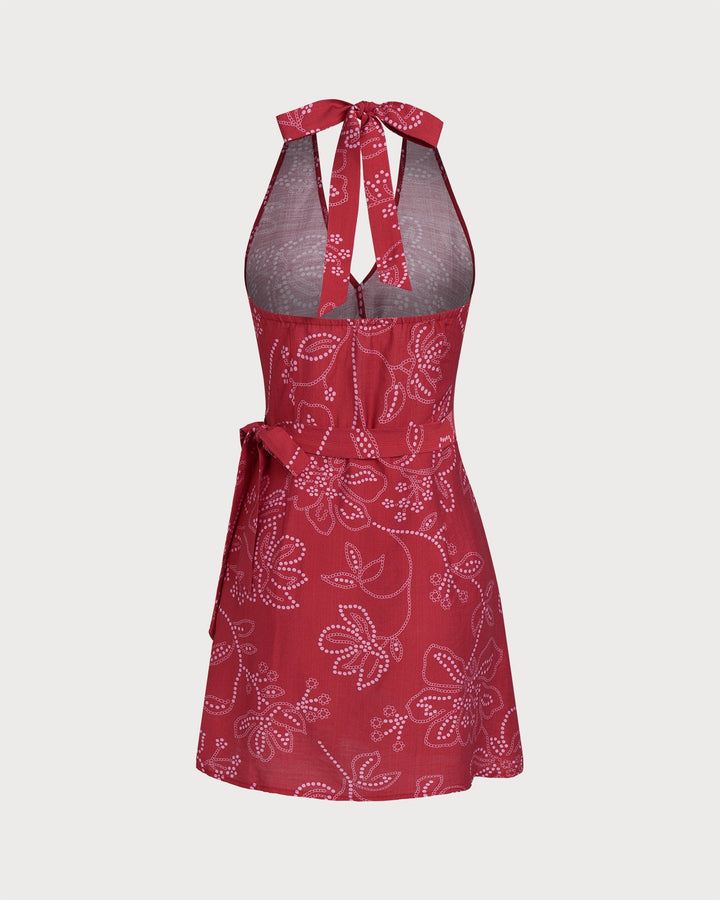 Vestido de praia vermelho beijado pelo sol com decote halterneck