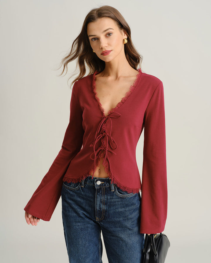 Cardigan vermelho elegante com decote em V e laço na frente