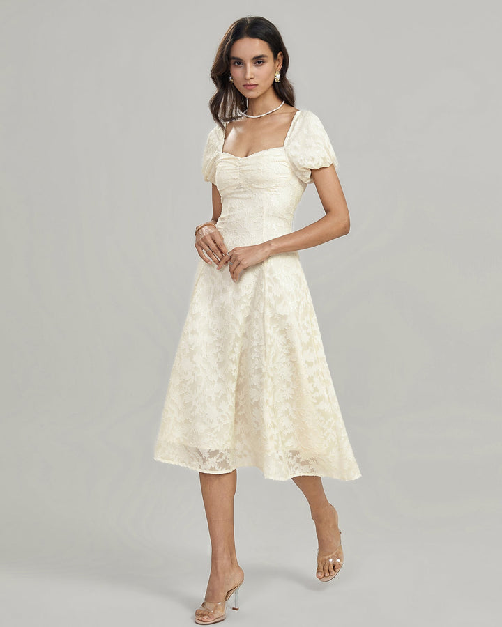 Vestido Midi Jacquard Damasco com Decote Quadrado - Silhueta Elegante e Favorecedora