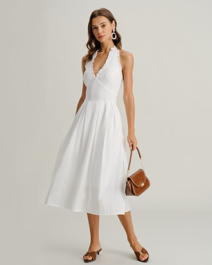 Vestido Midi Branco Sem Mangas com Decote em V Halter – Silhueta Elegante