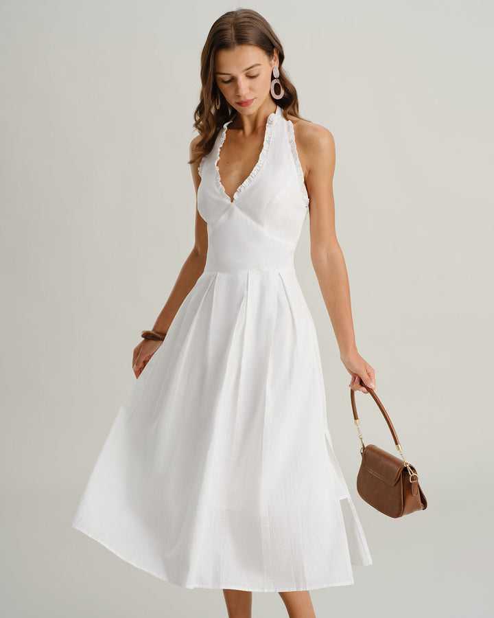 Vestido Midi Branco Sem Mangas com Decote em V Halter – Silhueta Elegante