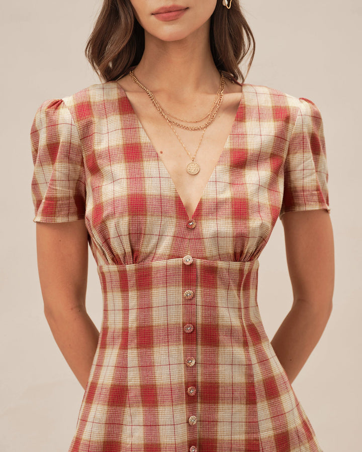 Vestido mini de xadrez vermelho com decote em V - atrevido, festivo e chique