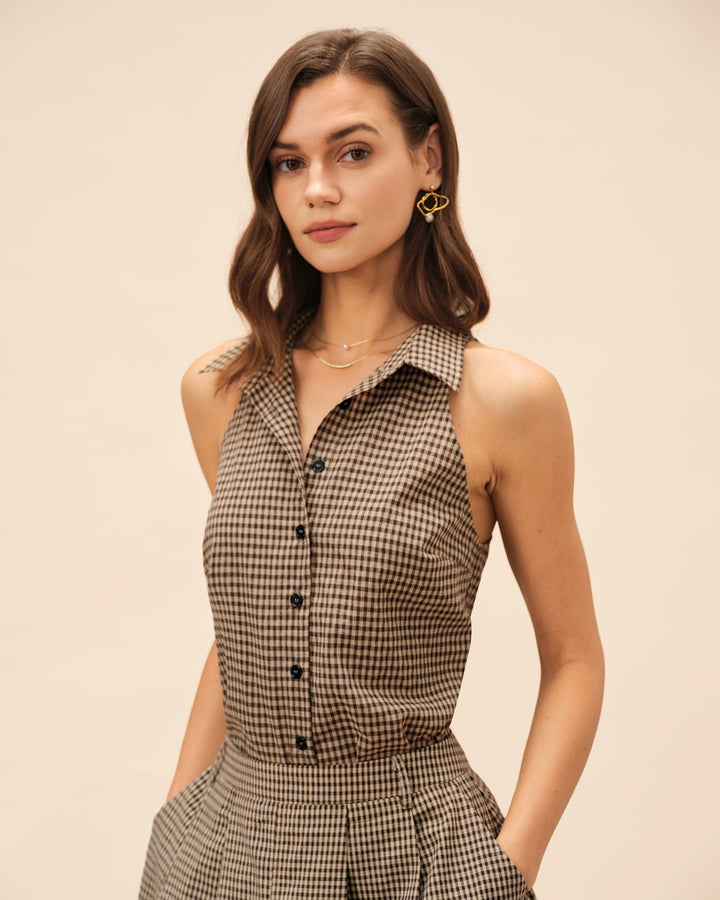 Blusa xadrez marrom com gola elegante