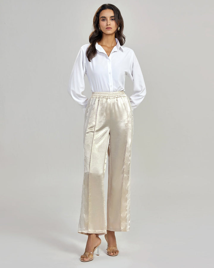 Calças casuais de cintura elástica na cor pêssego para conforto diário