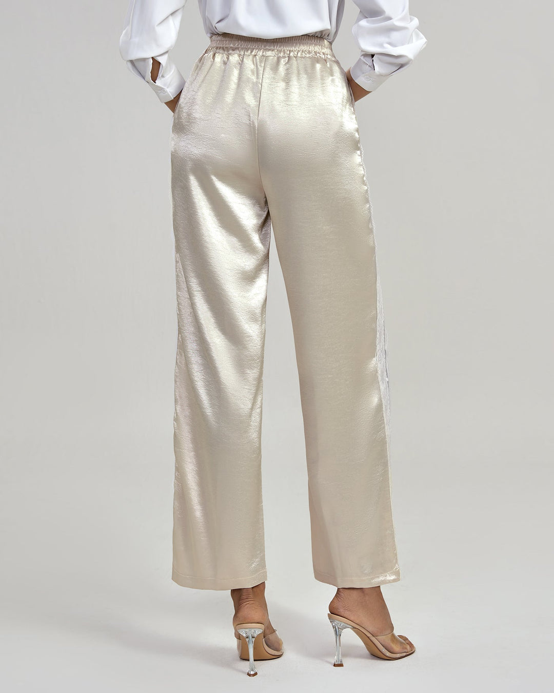 Calças casuais de cintura elástica na cor pêssego para conforto diário