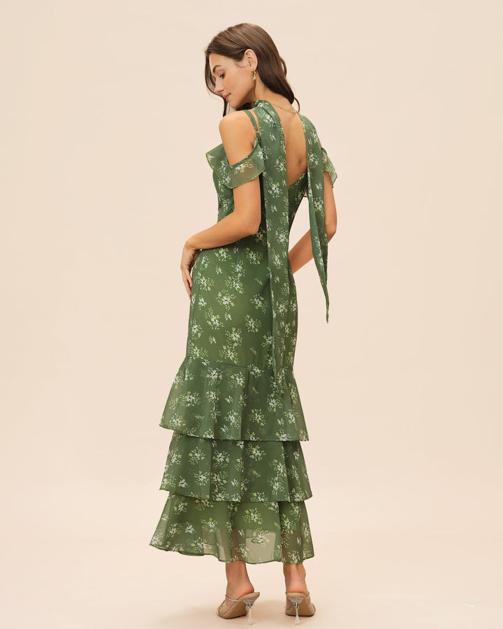 Vestido longo verde esmeralda com decote em V, franzidos e estampa floral - caimento fluido e elegante