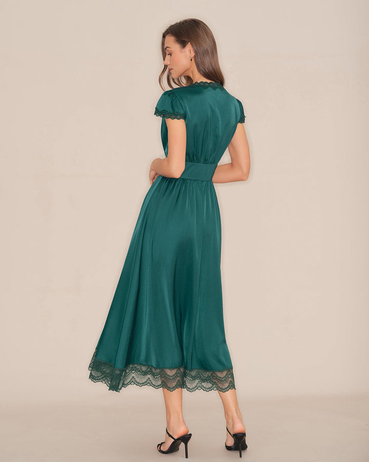 Vestido Maxi de Renda Verde Esmeralda com Decote em V