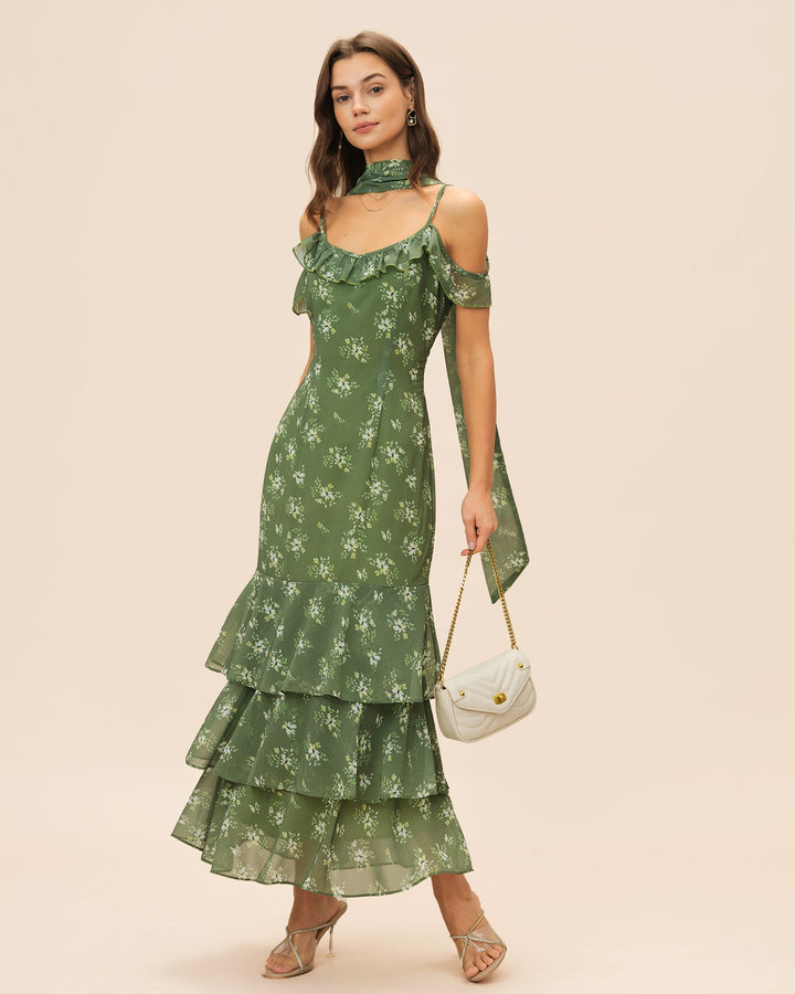 Vestido longo verde esmeralda com decote em V, franzidos e estampa floral - caimento fluido e elegante