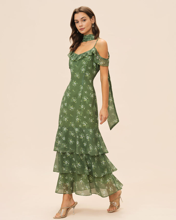 Vestido longo verde esmeralda com decote em V, franzidos e estampa floral - caimento fluido e elegante