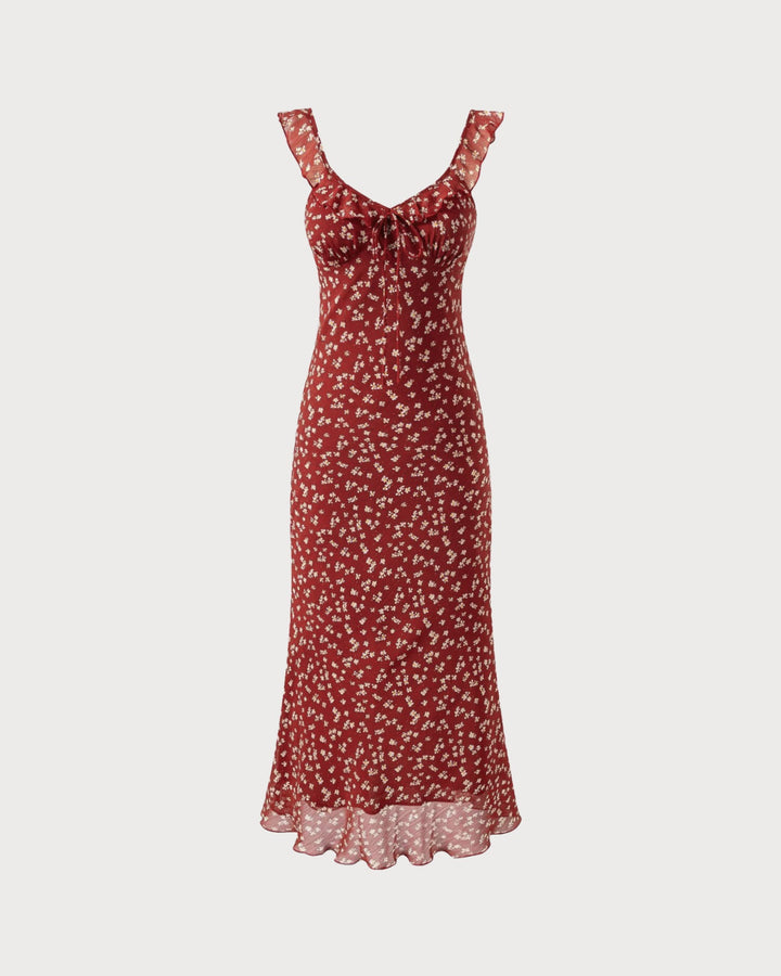 Vestido maxi slip vermelho vibrante com estampa floral