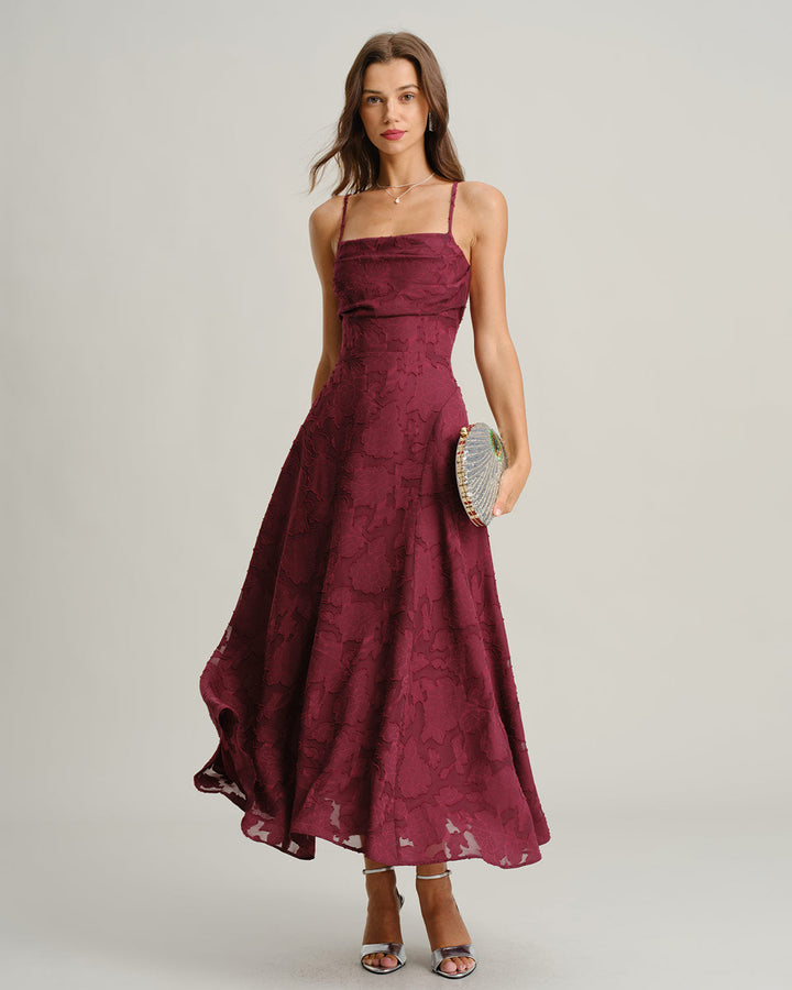 Vestido Longo Slip em Jacquard de Cor Vinho Elegante