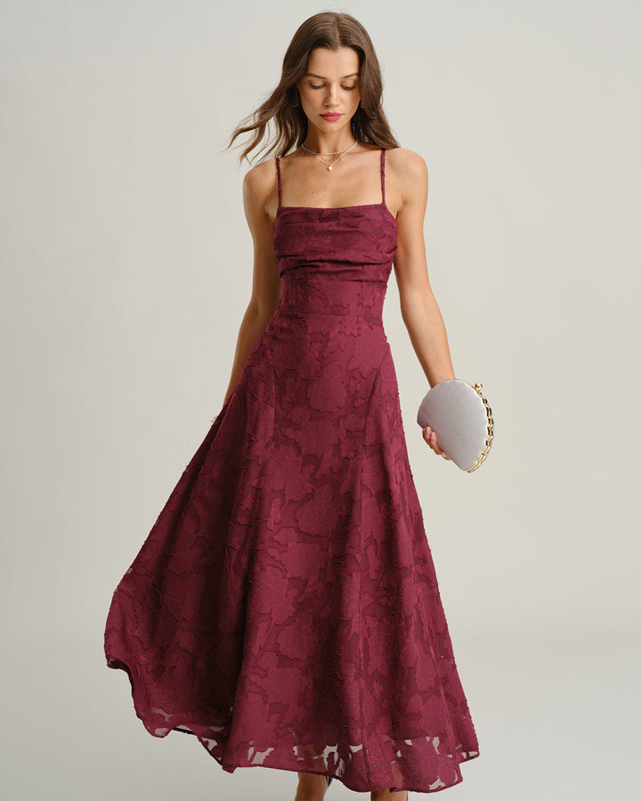 Vestido Longo Slip em Jacquard de Cor Vinho Elegante