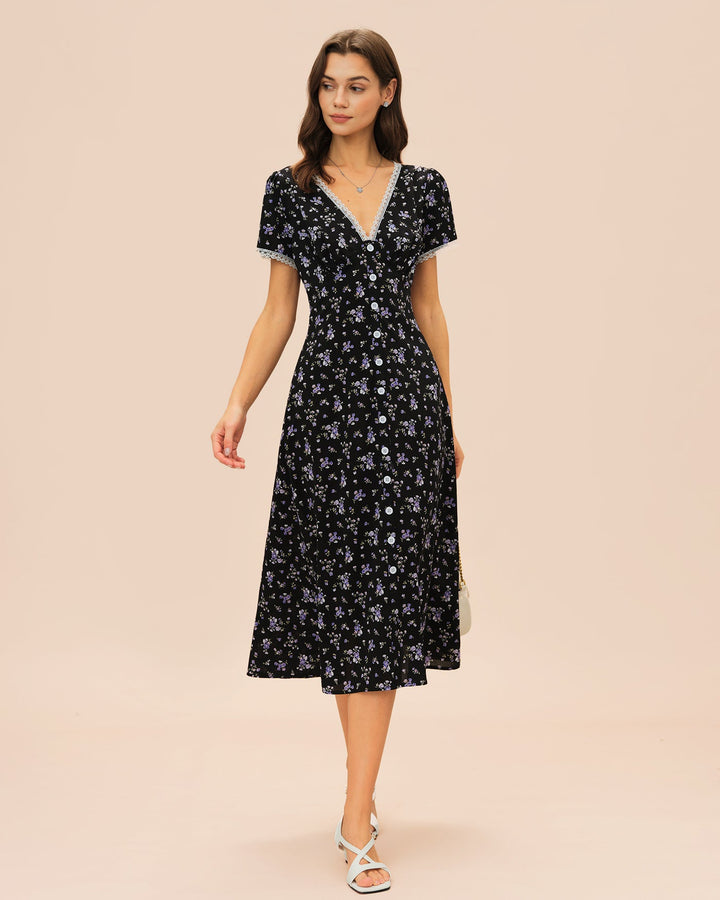 Vestido midi preto com renda floral e decote em V elegante