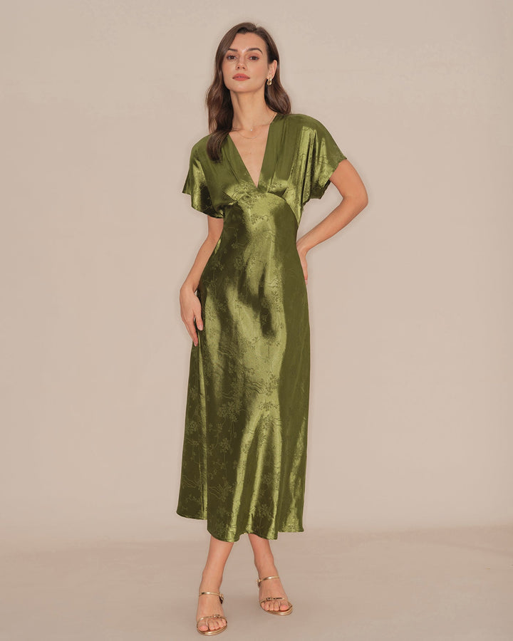 Vestido midi verde esmeralda com decote em V, plissado, estampa floral - elegante e fluido