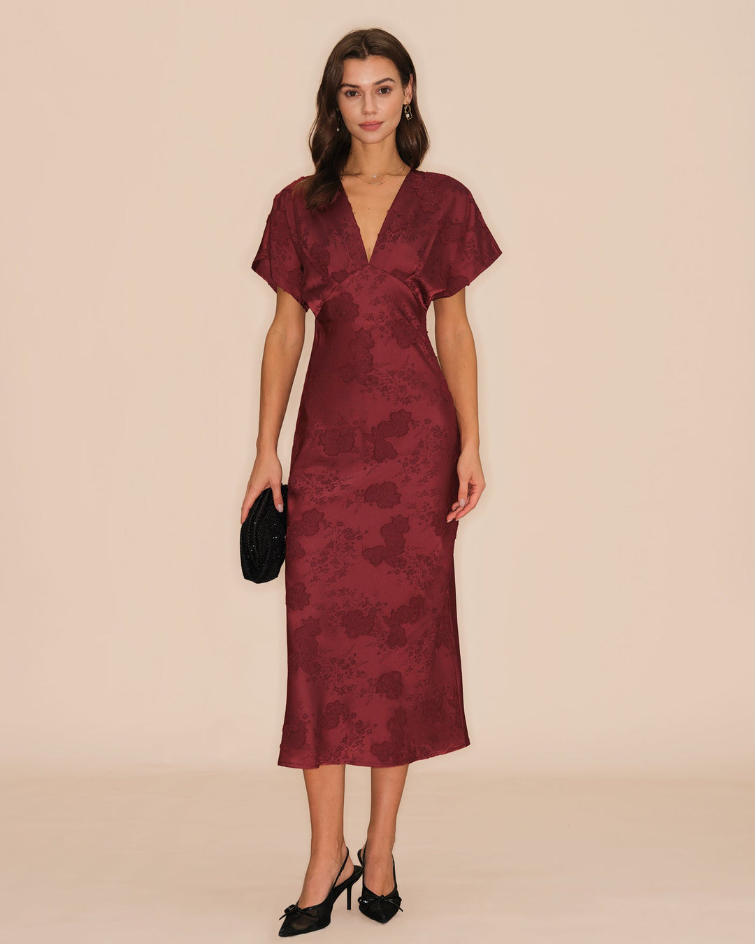 Vestido midi jacquard com decote em V - vermelho vinho, elegante e que valoriza a silhueta
