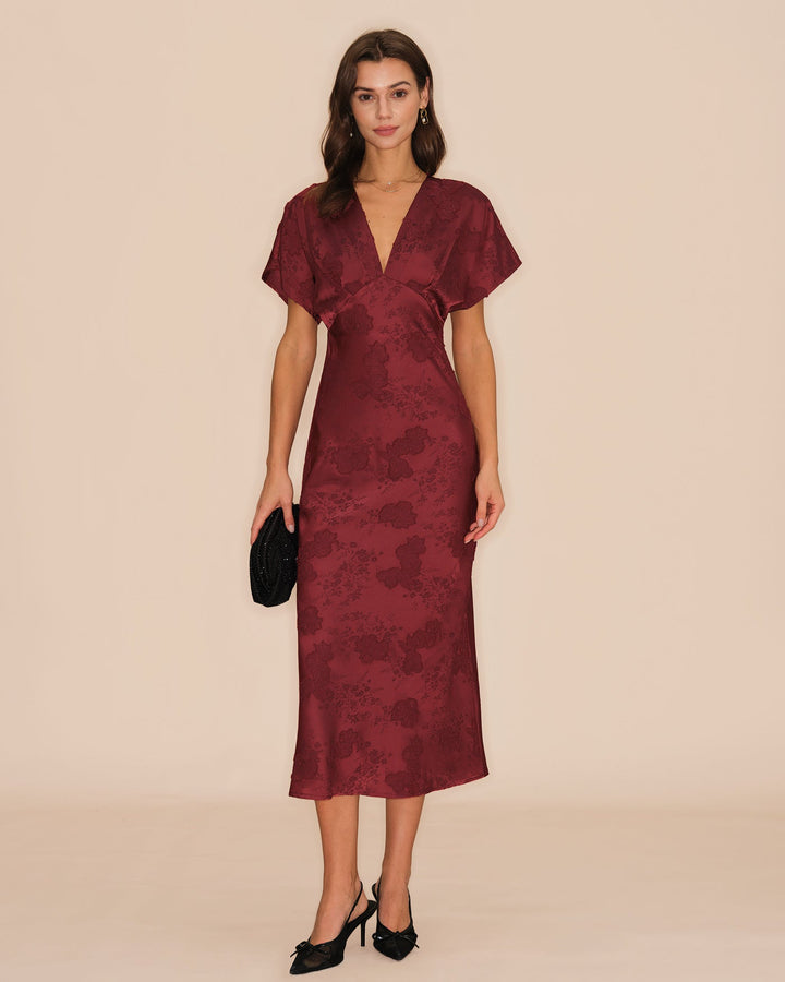 Vestido midi jacquard com decote em V - vermelho vinho, elegante e que valoriza a silhueta