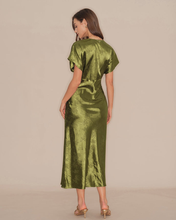 Vestido midi verde esmeralda com decote em V, plissado, estampa floral - elegante e fluido