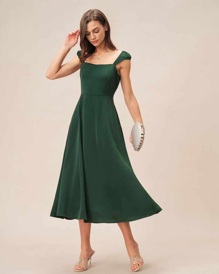 Vestido midi verde esmeralda com decote quadrado e manga cap