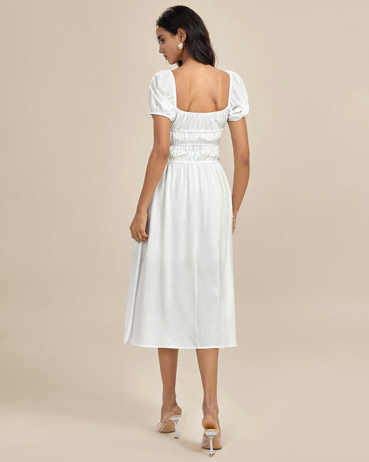 Vestido midi branco elegante com decote quadrado franzido