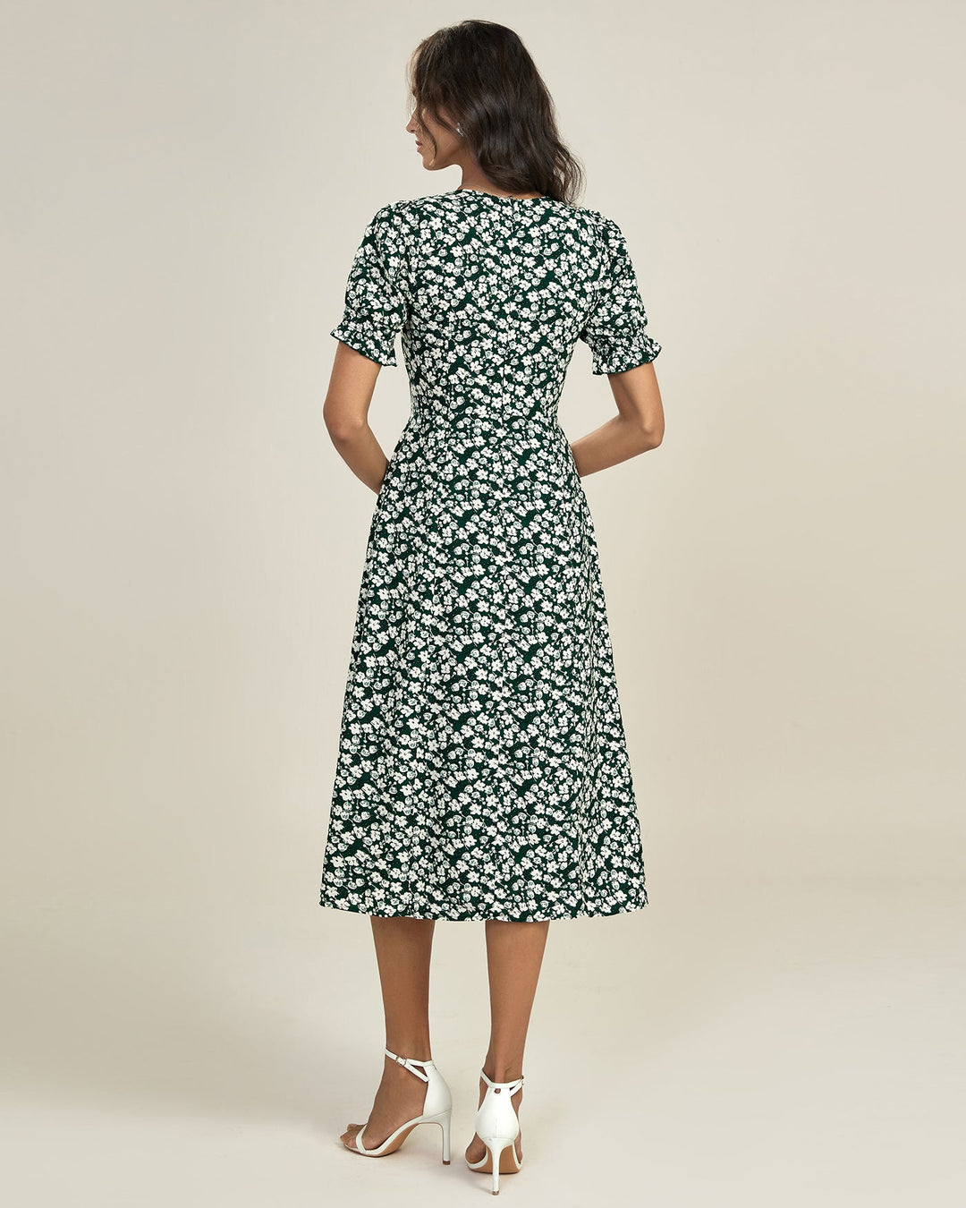 Vestido Midi Verde com Decote em V e Estampa Floral - Elegância Diária Sem Esforço