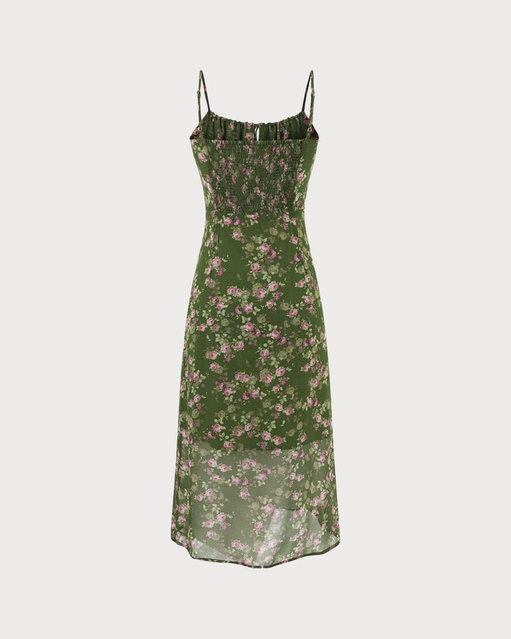 Vestido midi verde com estampa floral franzido, estilo slip – caimento fluido, elegância sem esforço