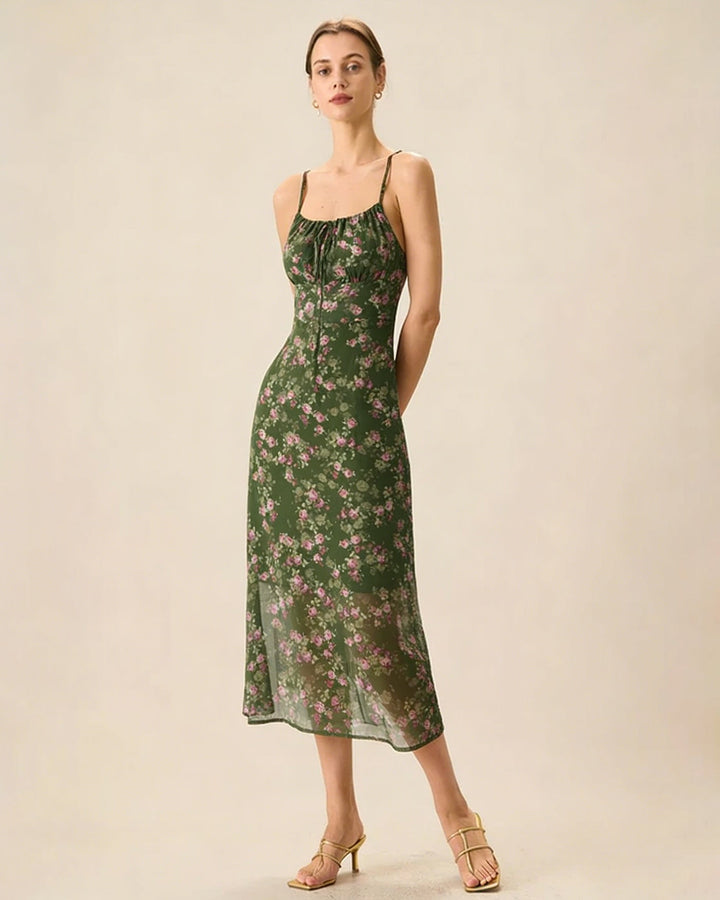 Vestido midi verde com estampa floral franzido, estilo slip – caimento fluido, elegância sem esforço