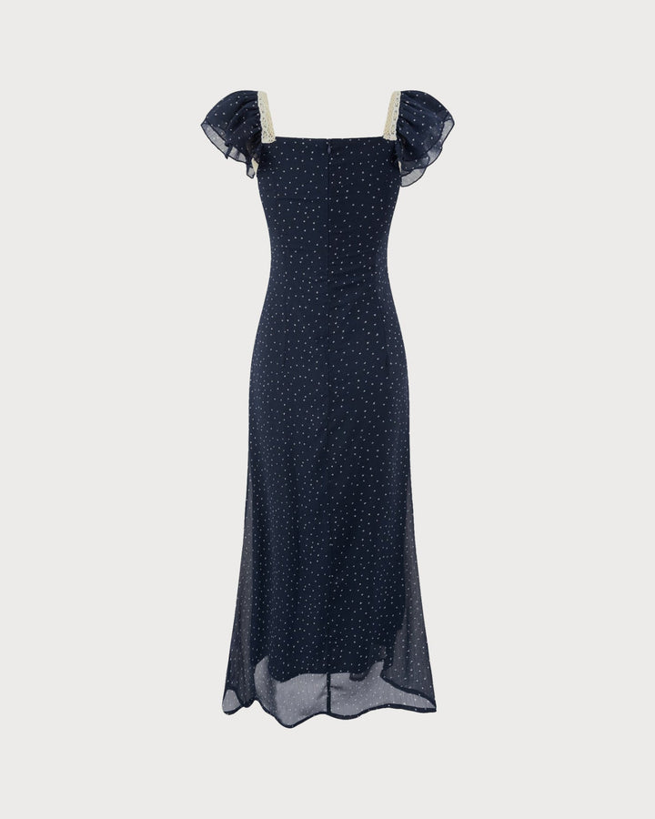 Vestido midi azul de bolinhas com decote quadrado