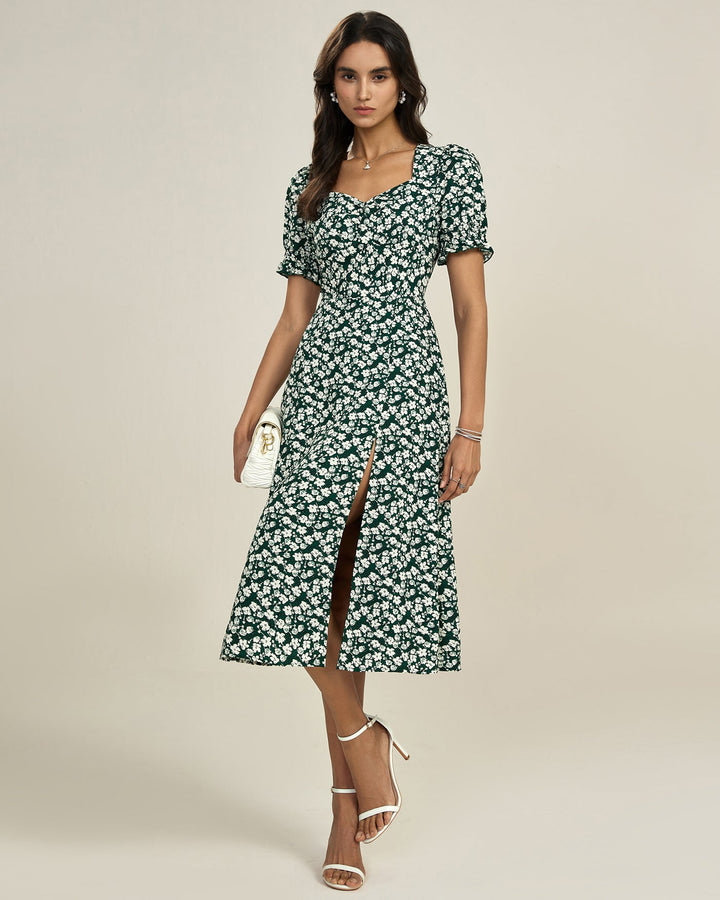 Vestido Midi Verde com Decote em V e Estampa Floral - Elegância Diária Sem Esforço