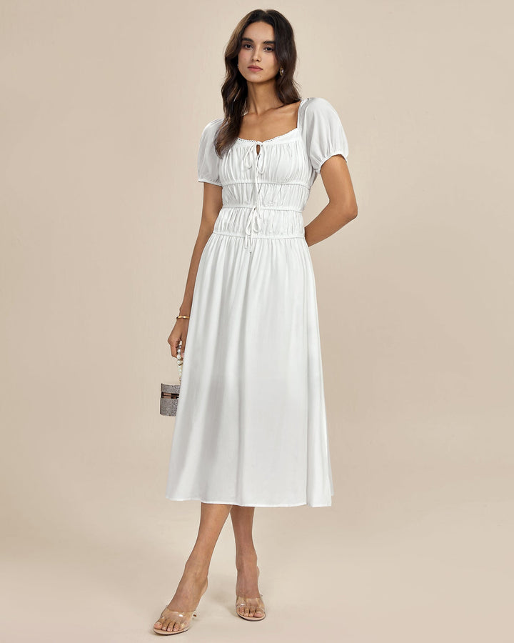 Vestido midi branco elegante com decote quadrado franzido