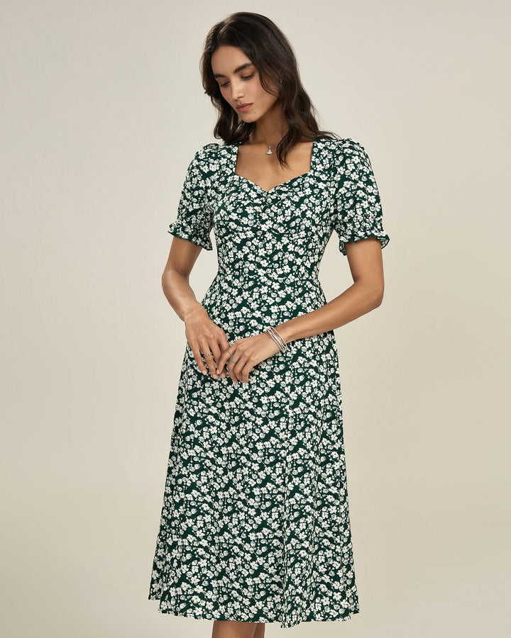 Vestido Midi Verde com Decote em V e Estampa Floral - Elegância Diária Sem Esforço