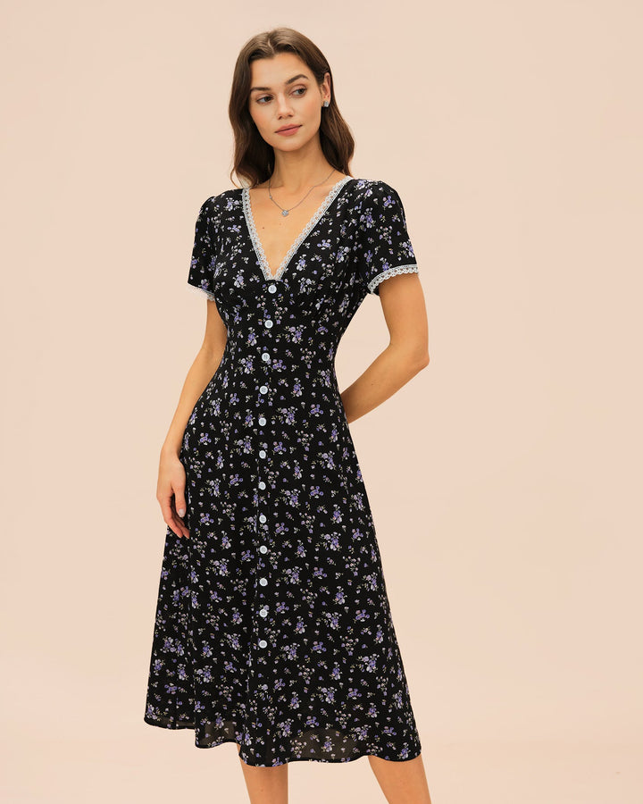 Vestido midi preto com renda floral e decote em V elegante
