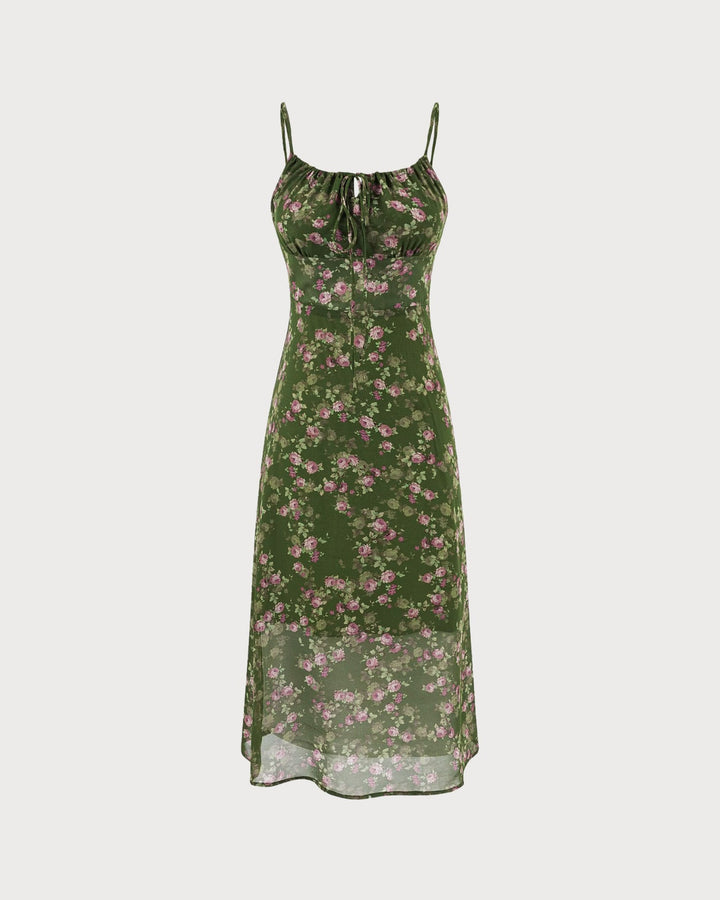Vestido midi verde com estampa floral franzido, estilo slip – caimento fluido, elegância sem esforço