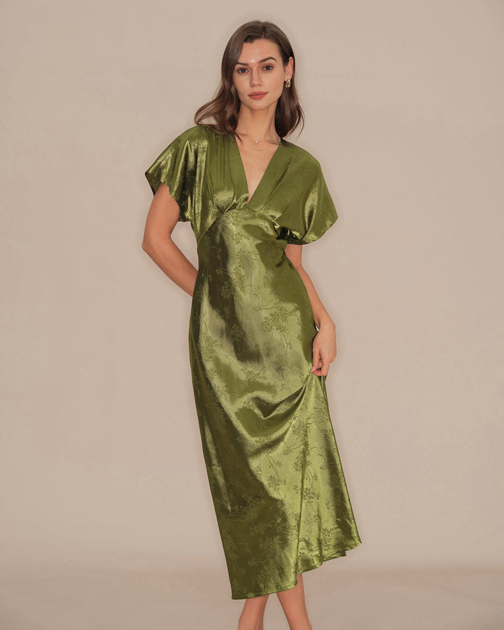 Vestido midi verde esmeralda com decote em V, plissado, estampa floral - elegante e fluido