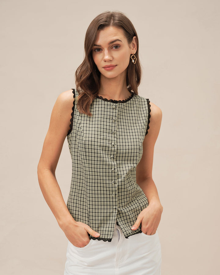 Top sem mangas de decote barco com padrão xadrez, cor damasco – leve e favorecedor para o verão