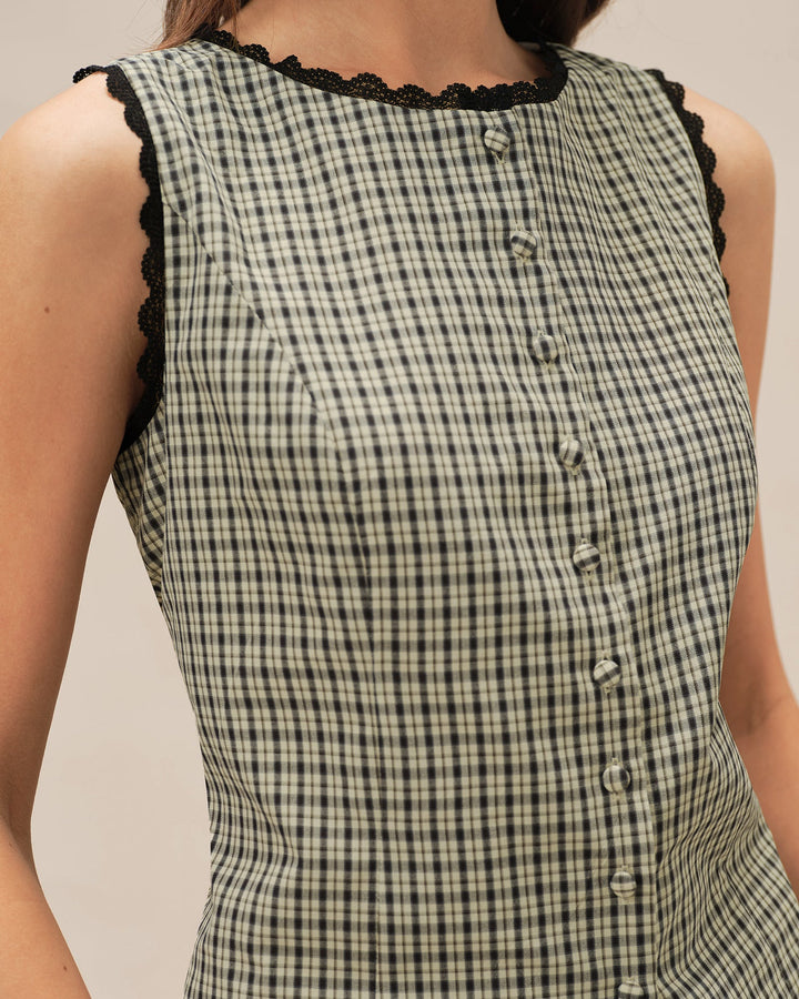 Top sem mangas de decote barco com padrão xadrez, cor damasco – leve e favorecedor para o verão