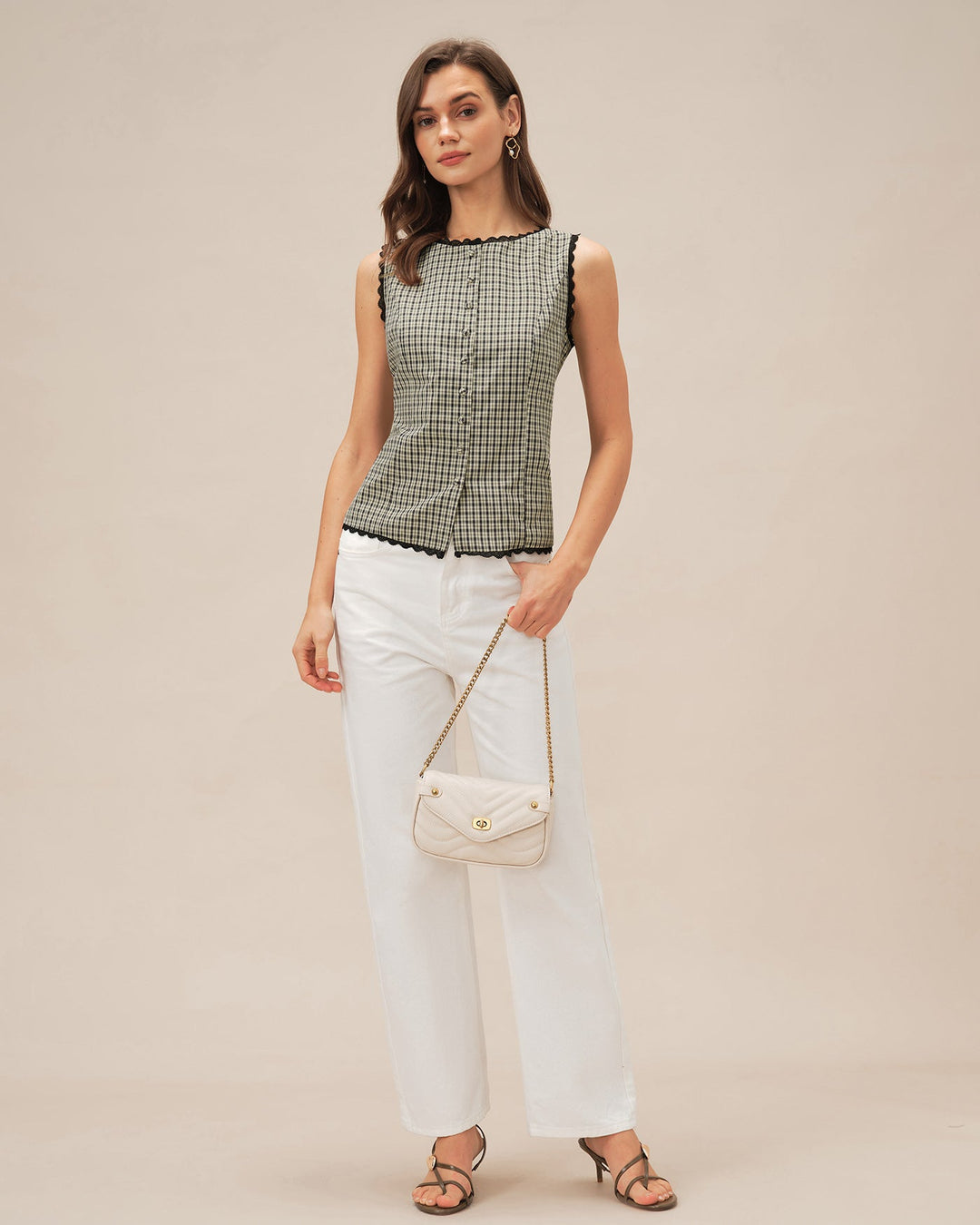 Top sem mangas de decote barco com padrão xadrez, cor damasco – leve e favorecedor para o verão