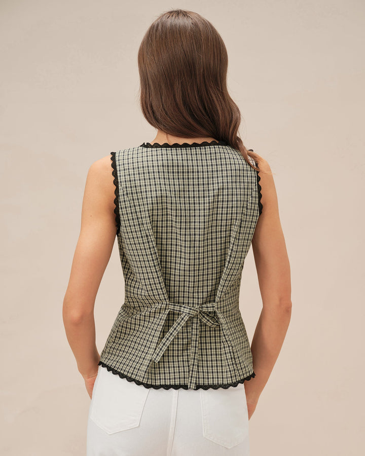 Top sem mangas de decote barco com padrão xadrez, cor damasco – leve e favorecedor para o verão