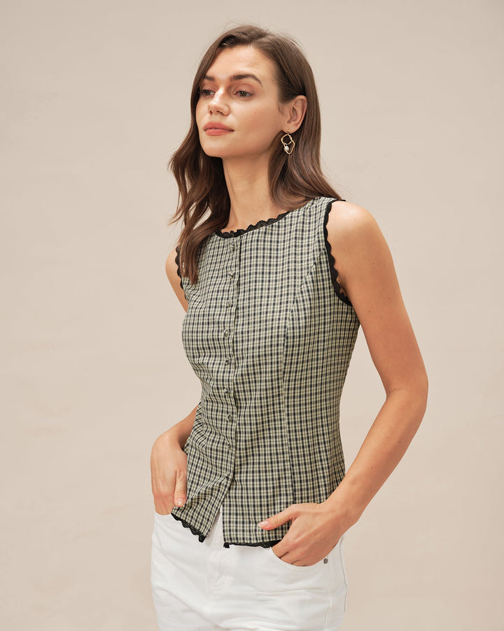 Top sem mangas de decote barco com padrão xadrez, cor damasco – leve e favorecedor para o verão