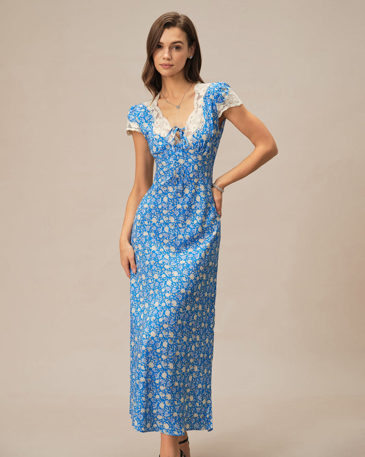 Vestido longo azul com decote em V e estampa floral elegante