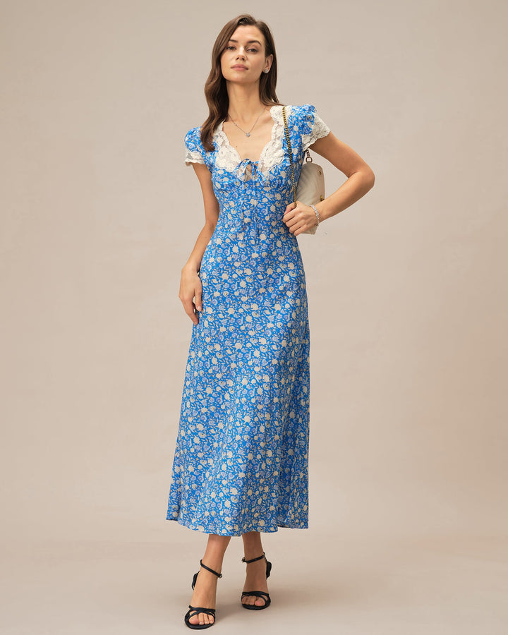 Vestido longo azul com decote em V e estampa floral elegante